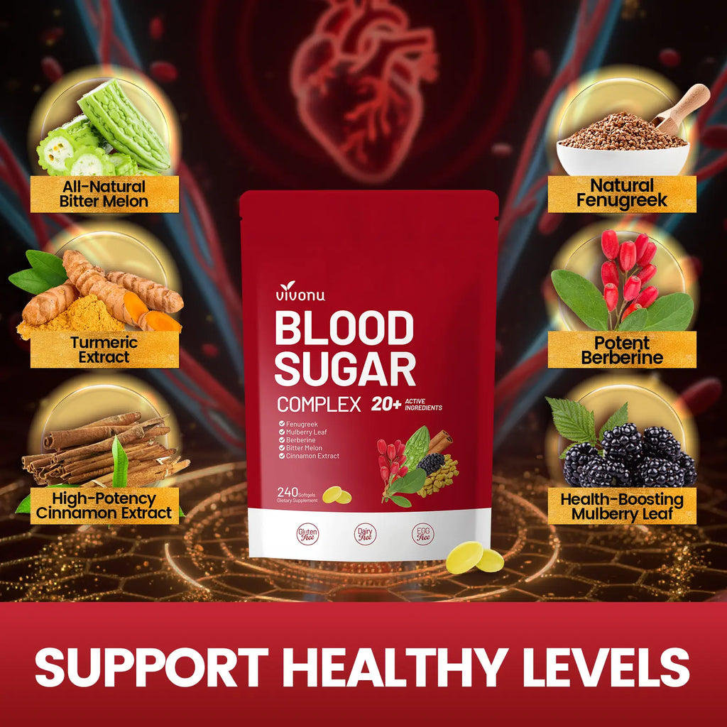 VIVONU BLOOD SUGAR COMPLEX –Blood Sugar Balance | Antioxidant Support | Metabolic Support | Enhanced Absorption | Bitter Melon + Turmeric + Cinnamon + Mulberry Leaf + Berberine + Fenugreek | 240 Capsules per Bag mothersdaygift