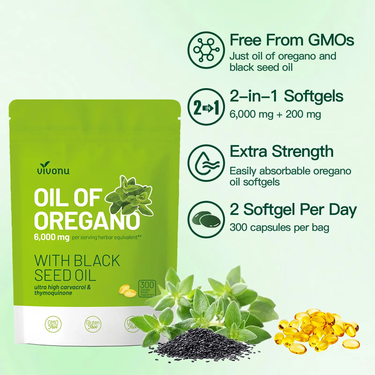 VivoNu Organic Oregano Oil Capsules with Black Seed – 6000mg per Serving, 300 Softgels – Herbal Support for Wellness, Non-GMO, Gluten-Free