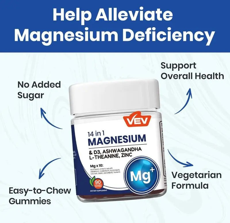 VEV 14-in-1 Magnesium Gummies | Ashwagandha + L-Theanine + Vitamin D3 + Zinc | Sleep Support, Stress Relief & Immune Boost | Non-GMO, No Artificial Flavors | Adult Daily Gummy