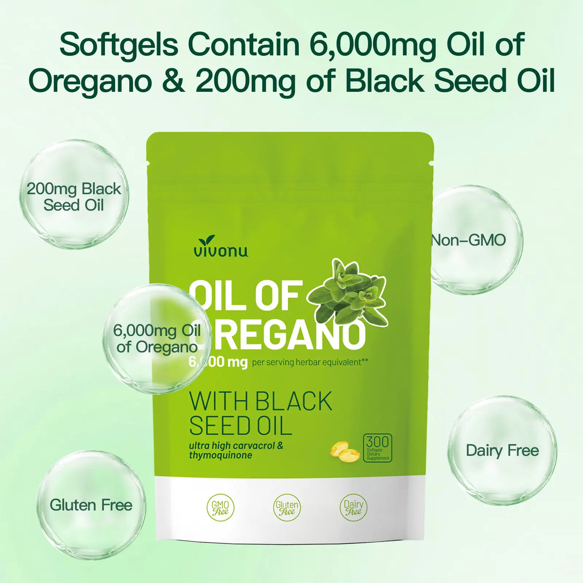 VivoNu Organic Oregano Oil Capsules with Black Seed – 6000mg per Serving, 300 Softgels – Herbal Support for Wellness, Non-GMO, Gluten-Free