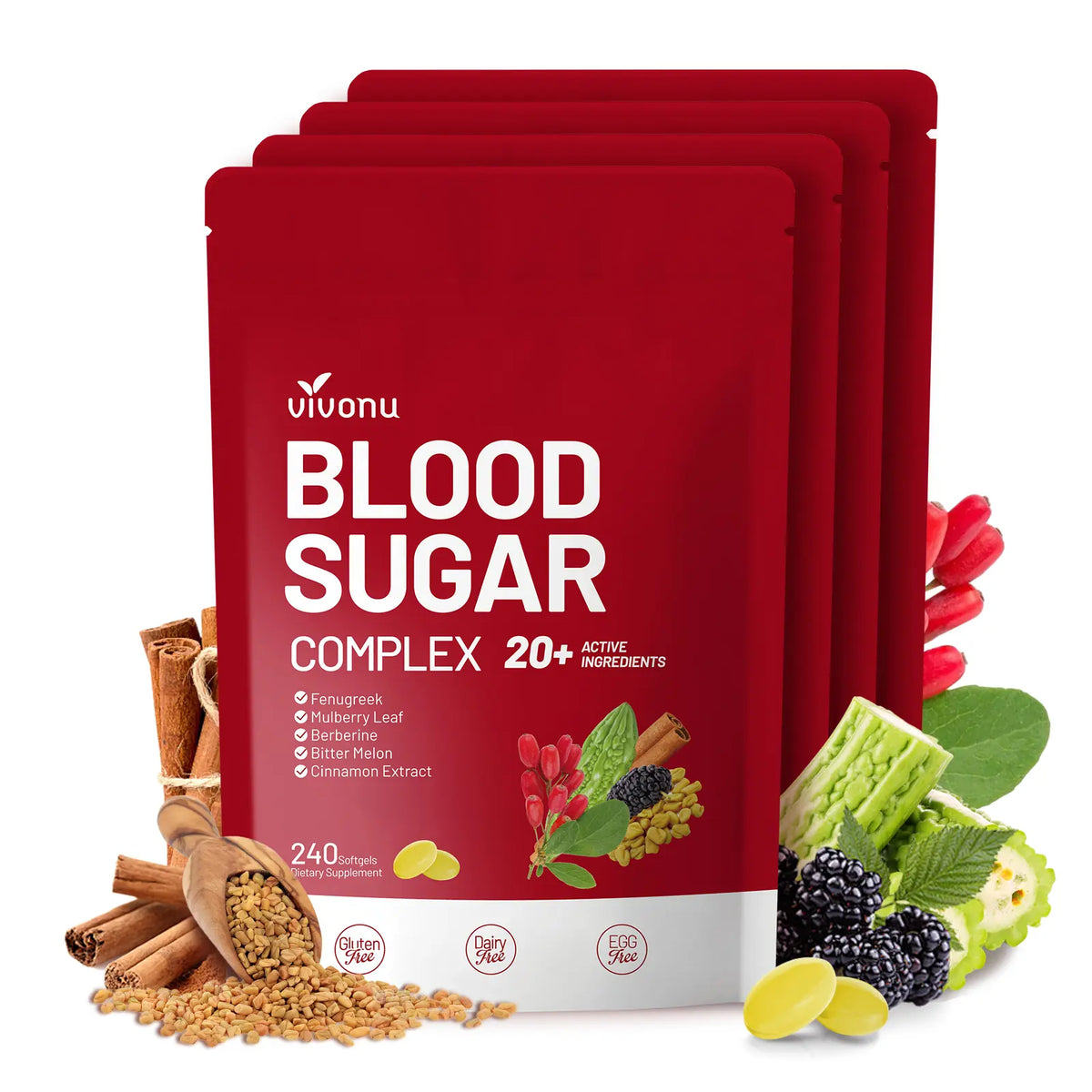 VIVONU BLOOD SUGAR COMPLEX –Blood Sugar Balance | Antioxidant Support | Metabolic Support | Enhanced Absorption | Bitter Melon + Turmeric + Cinnamon + Mulberry Leaf + Berberine + Fenugreek | 240 Capsules per Bag mothersdaygift