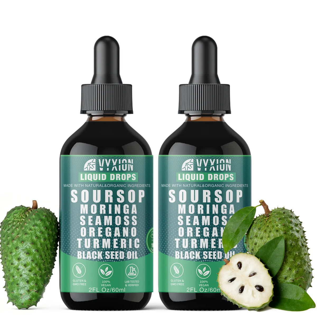 VYXION Pure Soursop 10 in 1 Liquid Drops Extract - Seamoss,Moringa,Black Seed Oil,Turmeric,Oregano Liquid Drops for Immune System and Gut Health Support