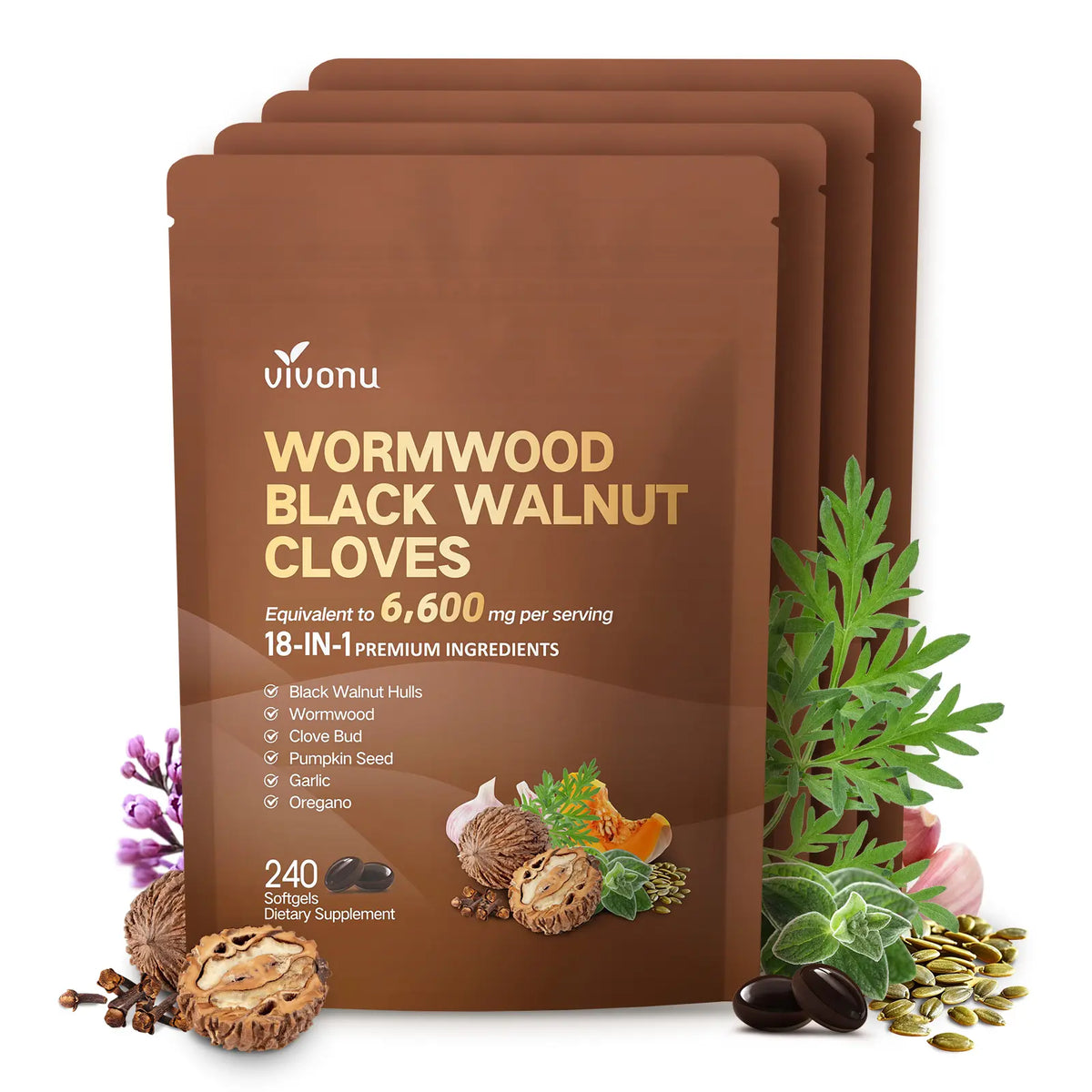 VIVONU Wormwood Black Walnut Cloves Capsules - Boost Metabolism & Enhance Energy | Contains Black Walnut, Garlic, Wormwood, and More | 240 Capsules (80-Day Supply)