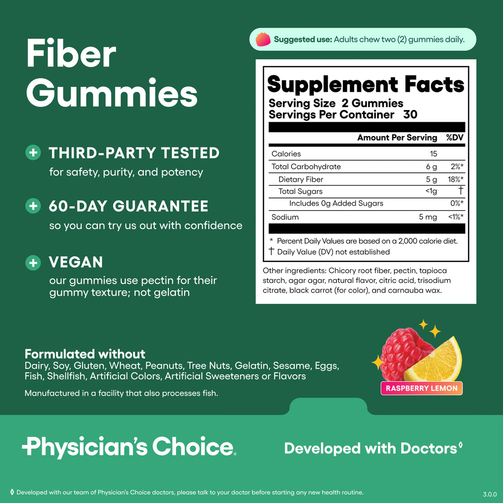 Physician’s Choice Fiber Gummies for Digestive Health & Regularity - Raspberry Lemon Flavor - No Sugar Added & Vegan - Daily Gummy for Adults
