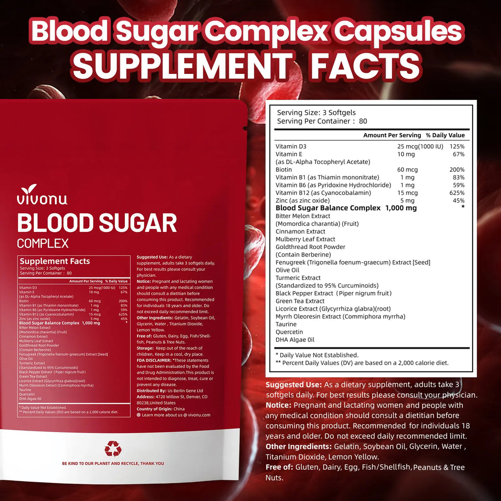 VIVONU BLOOD SUGAR COMPLEX –Blood Sugar Balance | Antioxidant Support | Metabolic Support | Enhanced Absorption | Bitter Melon + Turmeric + Cinnamon + Mulberry Leaf + Berberine + Fenugreek | 240 Capsules per Bag mothersdaygift