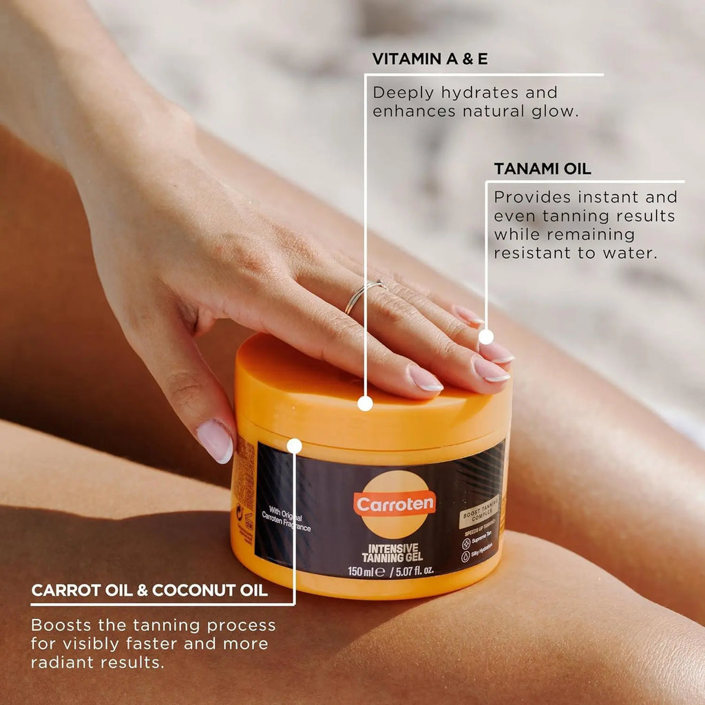 Carroten Intensive Tanning Gel | Browning Tan Accelerator | Non-Greasy, Water-Resistant with Carrot & Coconut Oil | Vitamin A & E For Moisture & Hydration | 5 Fl Oz