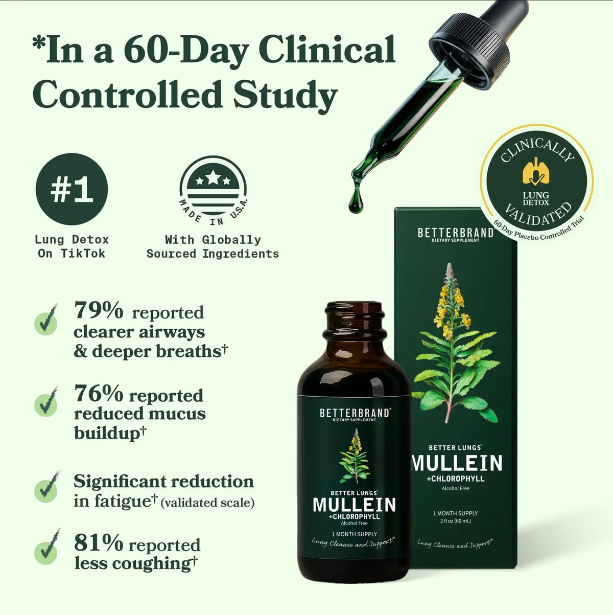 Betterbrand Mullein Leaf & Chlorophyll Drops for Lung Detox & Mucus Cleanse - 30 Servings - Clinically Studied Natural Liquid Herbal Supplement for Respiratory Wellness