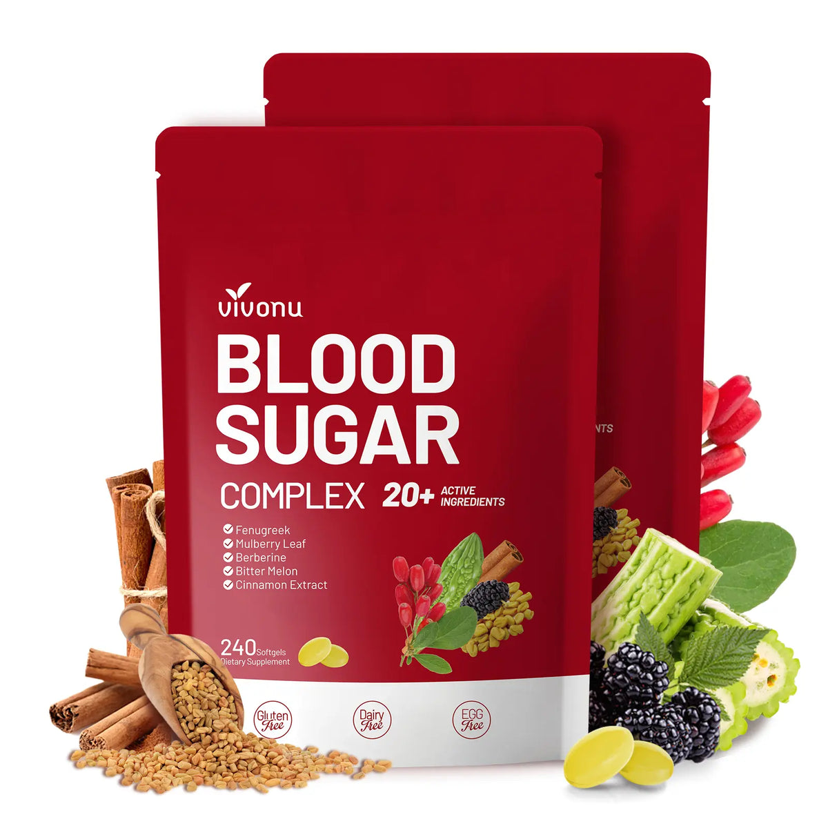 VIVONU BLOOD SUGAR COMPLEX –Blood Sugar Balance | Antioxidant Support | Metabolic Support | Enhanced Absorption | Bitter Melon + Turmeric + Cinnamon + Mulberry Leaf + Berberine + Fenugreek | 240 Capsules per Bag mothersdaygift