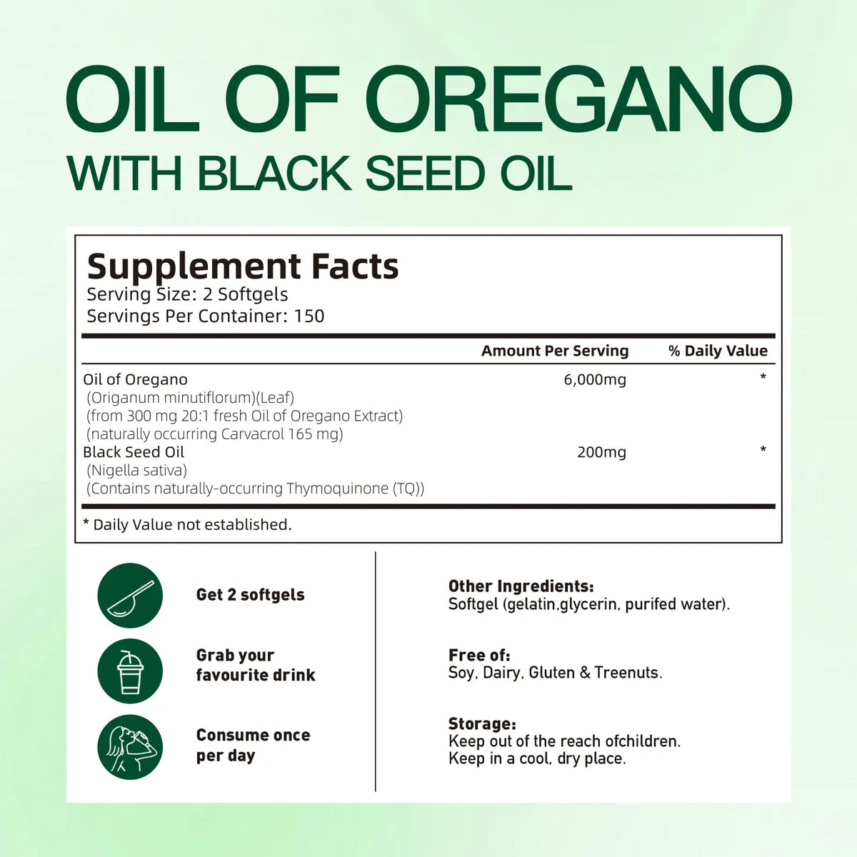 VivoNu Organic Oregano Oil Capsules with Black Seed – 6000mg per Serving, 300 Softgels – Herbal Support for Wellness, Non-GMO, Gluten-Free
