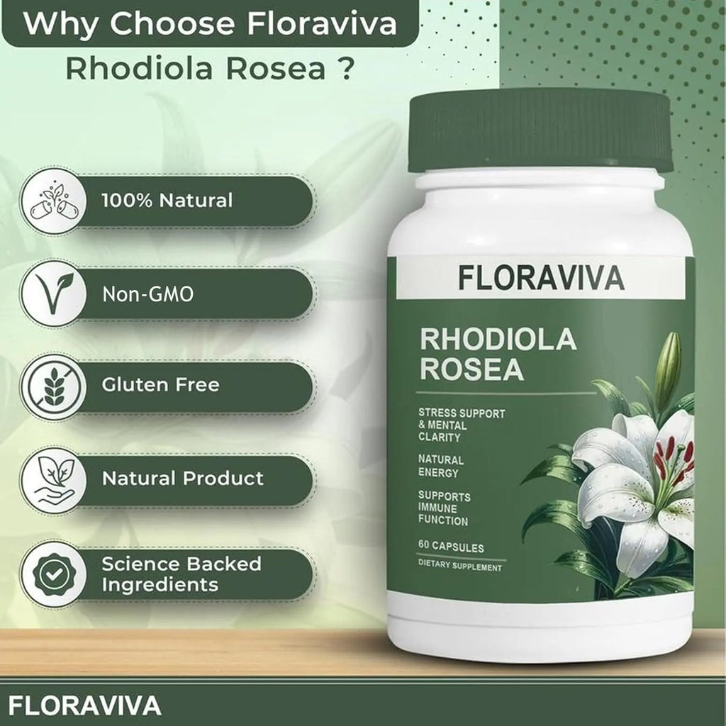 Natural Rhodiola Rosea Wellness Capsules 500mg - Natural Adaptogen Supplement for Stress Support, Mental Focus & Energy - Non-GMO (60 Capsules) Dietary Supplement, More Natural ingredient