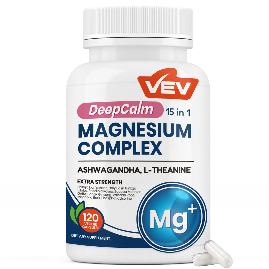 VEV 15 in 1 Magnesium Citrate & Glycinate Complex Capsules, Cortisol Support with Ashwagandha & L-Theanine, Edible Minerals Natural Dietary, 120 Vegan Capsules