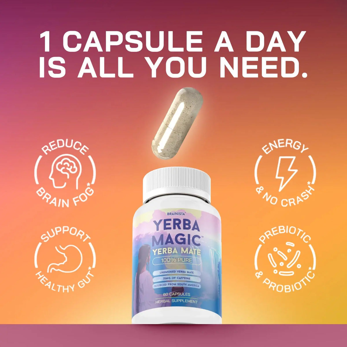 Yerba Magic Capsules – Pure Yerba Mate & 5-in-1 Superblend | Clean Natural Energy | Dietary Supplement | 60 Capsules Fitness Edible