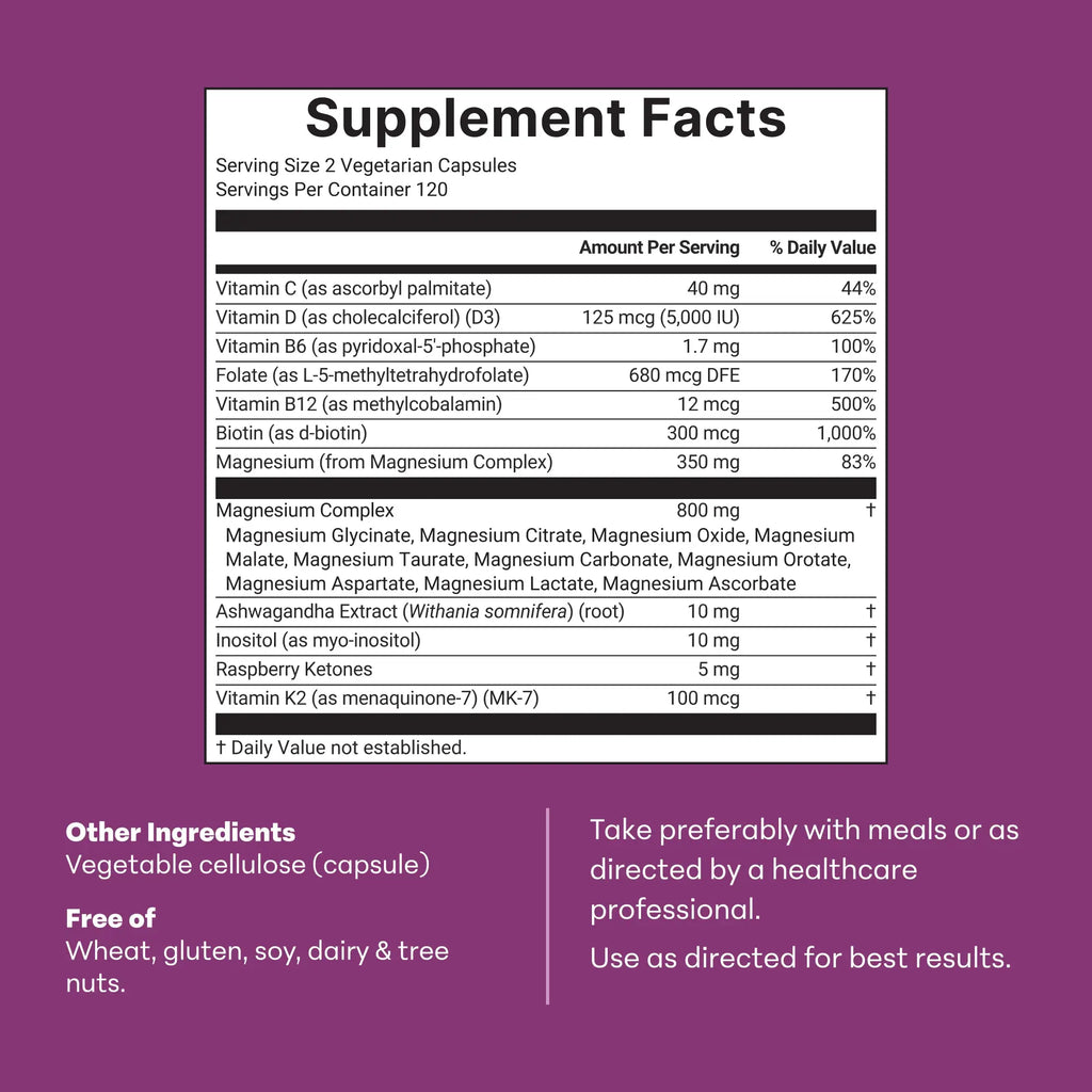 Magnesium Complex for Women, 240 Vegetarian Capsules | 20-in-1 Formula - Magnesium Blend with Vitamin D3, K2, Ashwagandha & More | Filler Free, Non-GMO