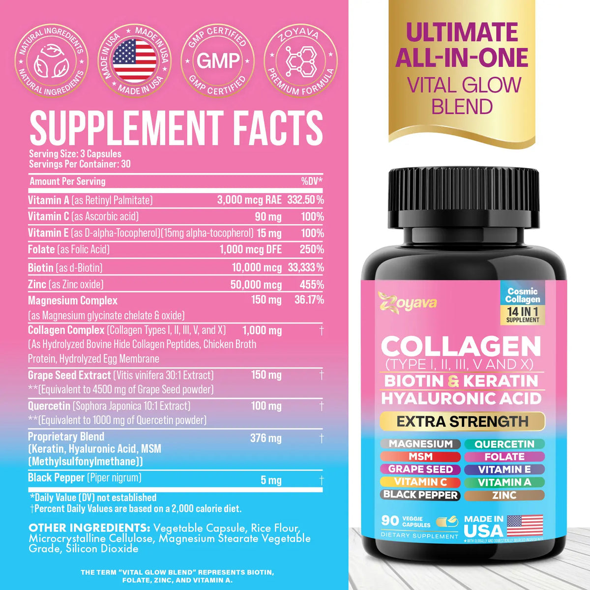 Collagen Supplement - Type I, II, III, V and X - with Biotin, Keratin, Hyaluronic Acid & 13+ Extra Strength Ingredients for Beauty, Fitness, & Healthcare - 90 Capsules - MADE IN USA