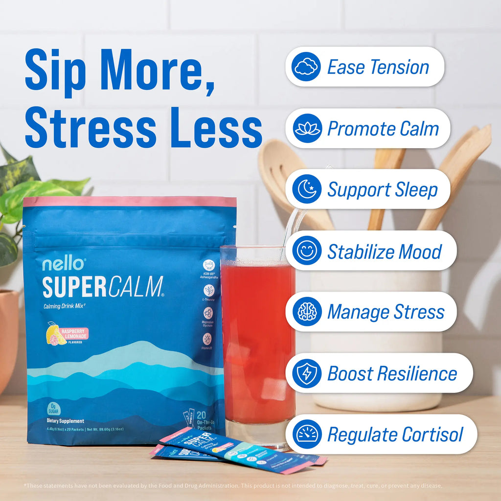 Nello Supercalm Calming Drink Mix with KSM-66 Ashwagandha Vitamin D3 Magnesium & L-Theanine Supports Cortisol Balance Mood Sleep 20 Servings Travel Packets Dietary Supplement