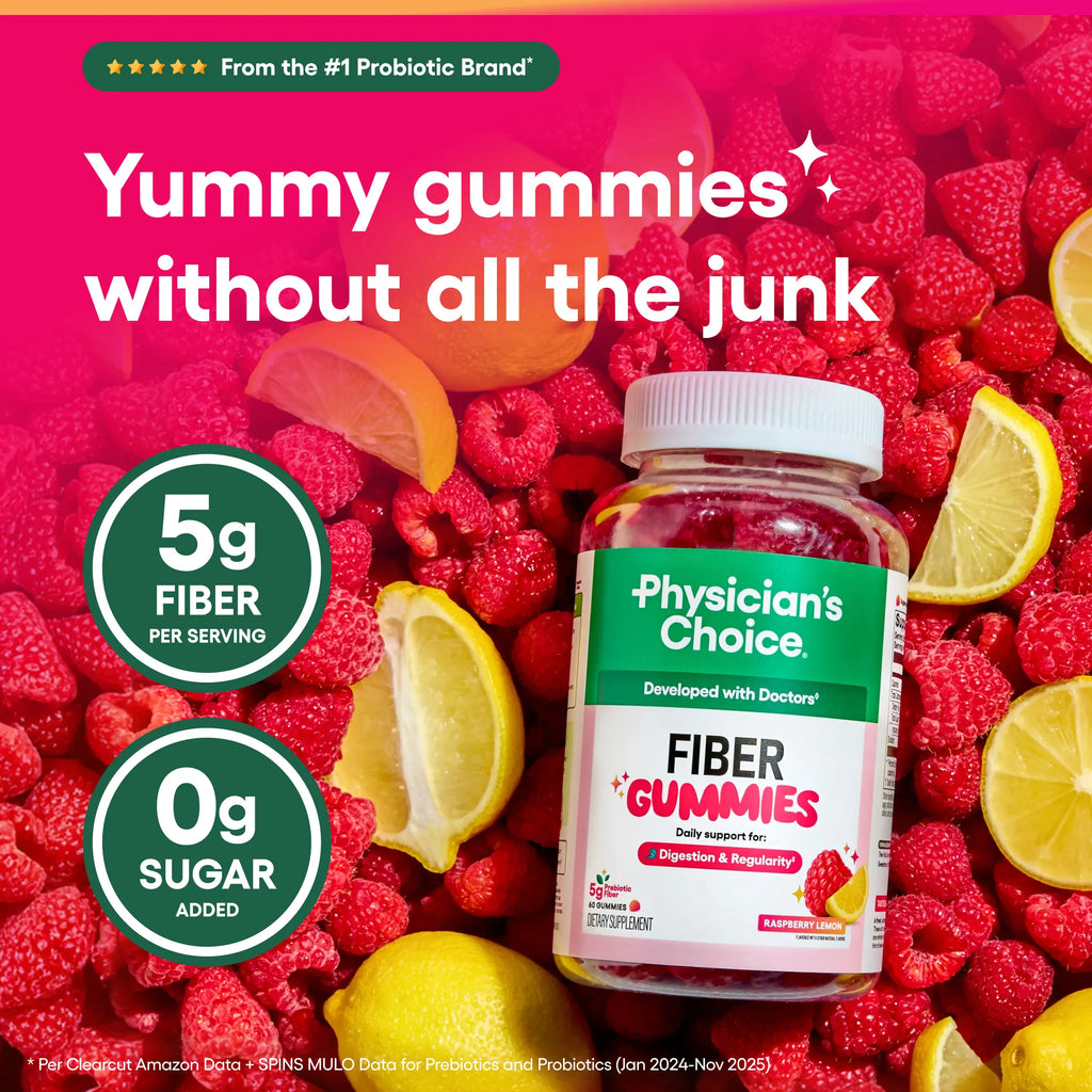 Physician’s Choice Fiber Gummies for Digestive Health & Regularity - Raspberry Lemon Flavor - No Sugar Added & Vegan - Daily Gummy for Adults