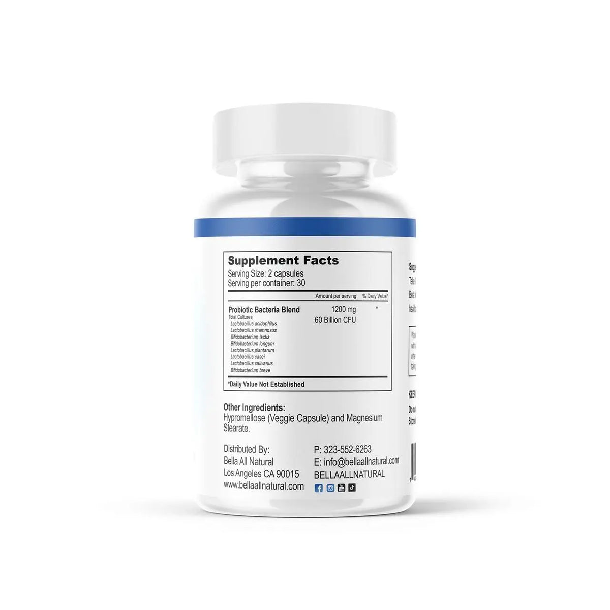 Bella All Natural Probiotics MAX Day - 8 Probiotic Strains & 60 Billion CFU per Serving for Healthy Living - 60 Capsules