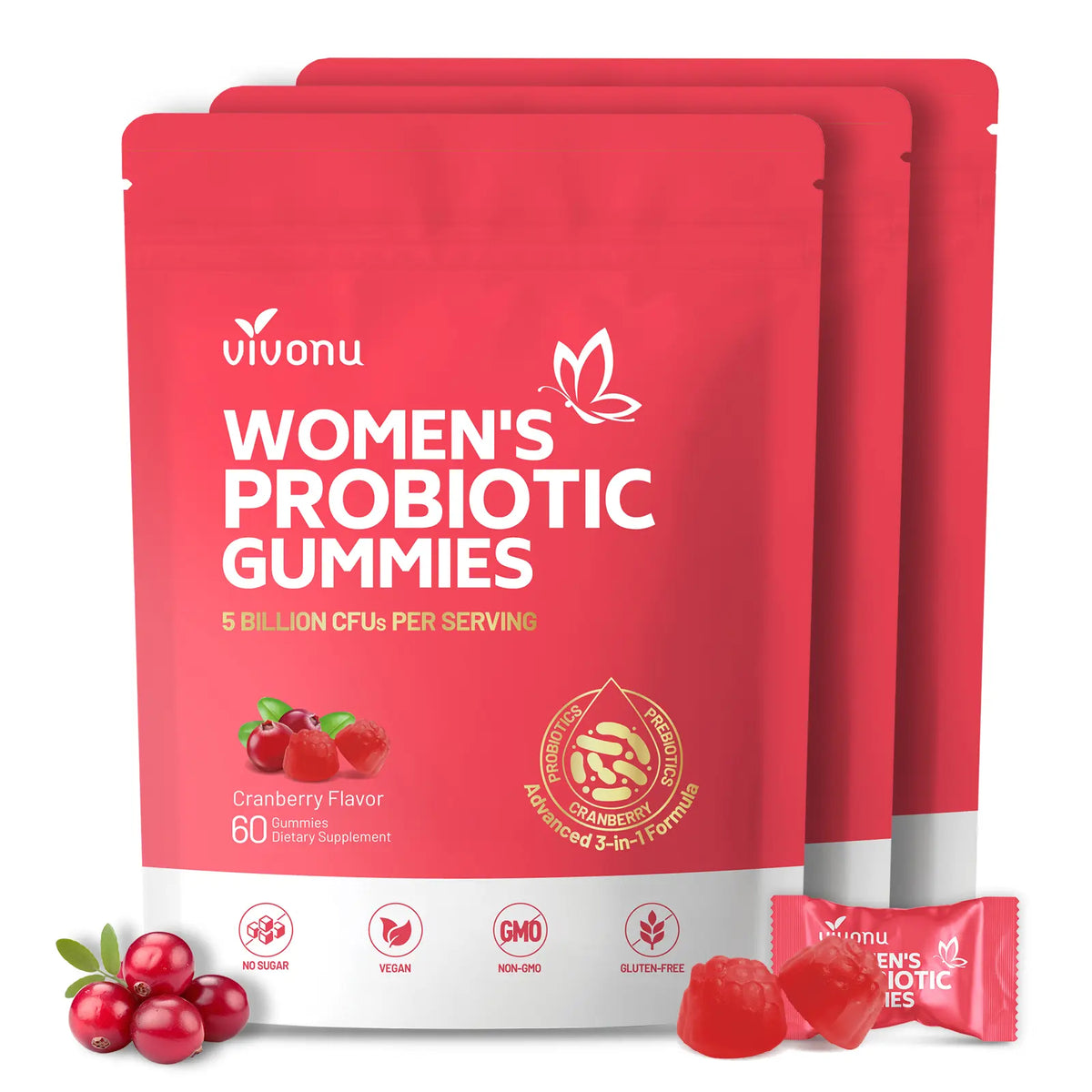 Cranberry Probiotic Gummies | Targeting Body Odor, Women's Health, and Body Balance | Vegan (60 Gummies per Pack) SummerVibes
