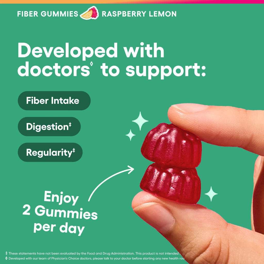 Physician’s Choice Fiber Gummies for Digestive Health & Regularity - Raspberry Lemon Flavor - No Sugar Added & Vegan - Daily Gummy for Adults