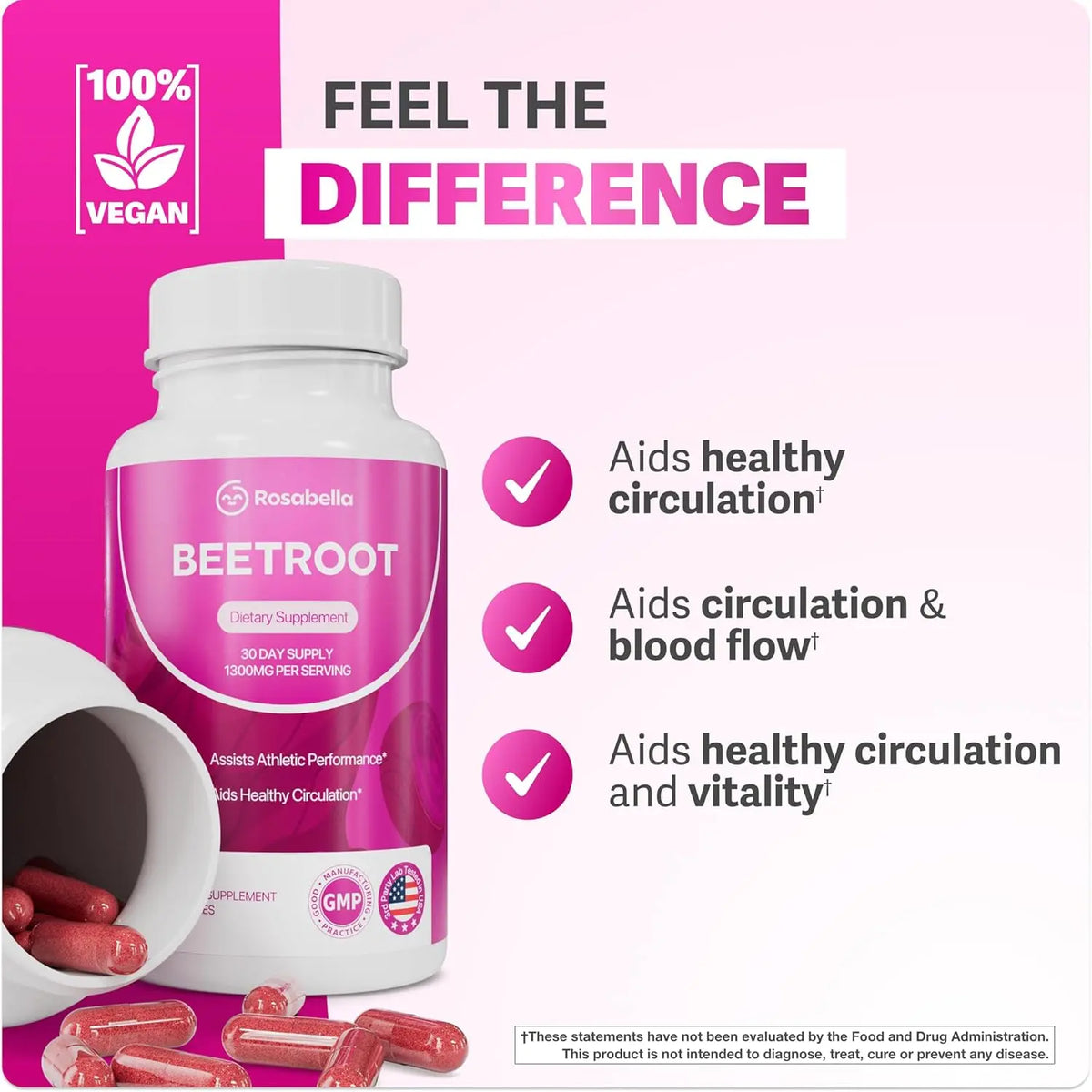 Rosabella Organic Beetroot Capsules (1300mg) for Blood Flow & Heart Health