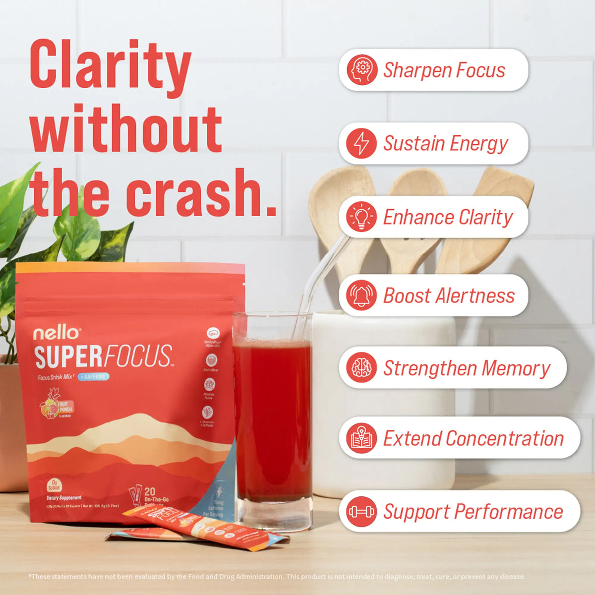 Nello Superfocus – Nootropic Drink Mix with Lion’s Mane, Rhodiola & Alpha-GPC – Supports Memory, Brain Health & Mental Stamina, Enhances Clarity & Sharpness, Helps Fight Brain Fog – Travel Packets (20 Servings) Healthcare Convenient