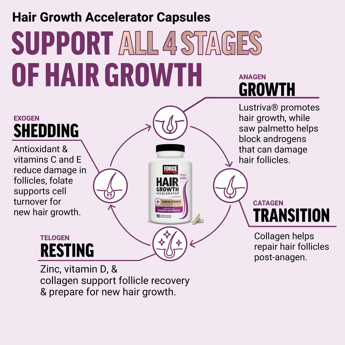 Force Factor Hair Growth Accelerator with Clinically Studied Lustriva to Promote Thicker, Stronger Hair, Biotin, Vitamin E & C, Mixed Berry, Soft Chew or Capsule