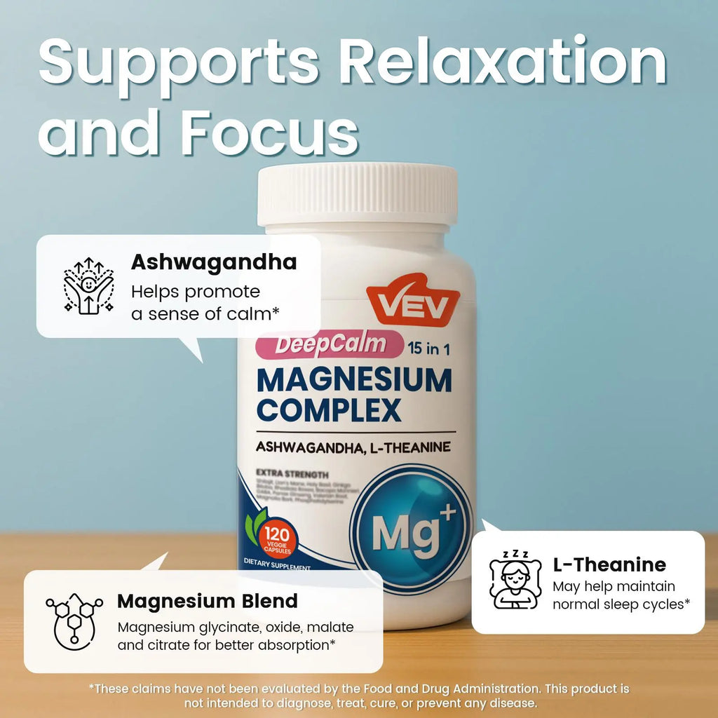 VEV 15 in 1 Magnesium Citrate & Glycinate Complex Capsules, Cortisol Support with Ashwagandha & L-Theanine, Edible Minerals Natural Dietary, 120 Vegan Capsules