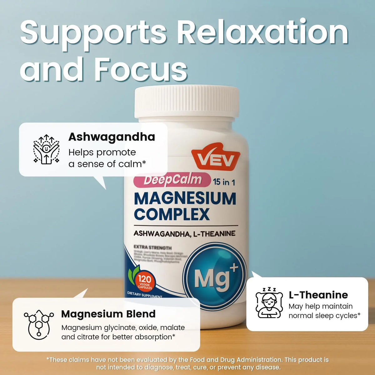 VEV 15 in 1 Magnesium Citrate & Glycinate Complex Capsules, Cortisol Support with Ashwagandha & L-Theanine, Edible Minerals Natural Dietary, 120 Vegan Capsules