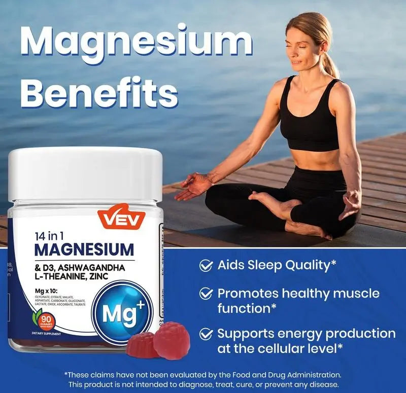 VEV 14-in-1 Magnesium Gummies | Ashwagandha + L-Theanine + Vitamin D3 + Zinc | Sleep Support, Stress Relief & Immune Boost | Non-GMO, No Artificial Flavors | Adult Daily Gummy