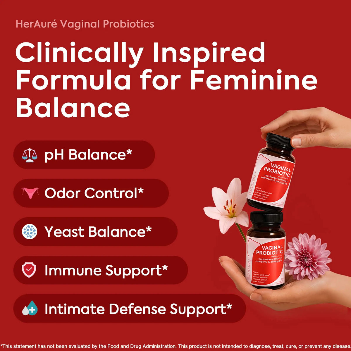 HerAuré Women’s Probiotics - pH Balance, Odor Control, Flora Health, Moistening, Tightening - With 7 Billion CFU Probiotic, Prebiotic, 7-in-1 Mushroom Blend, Cranberry, Pineapple - 60 Capsules (Pack of 1), Self-Care Gift,mothersdaygift