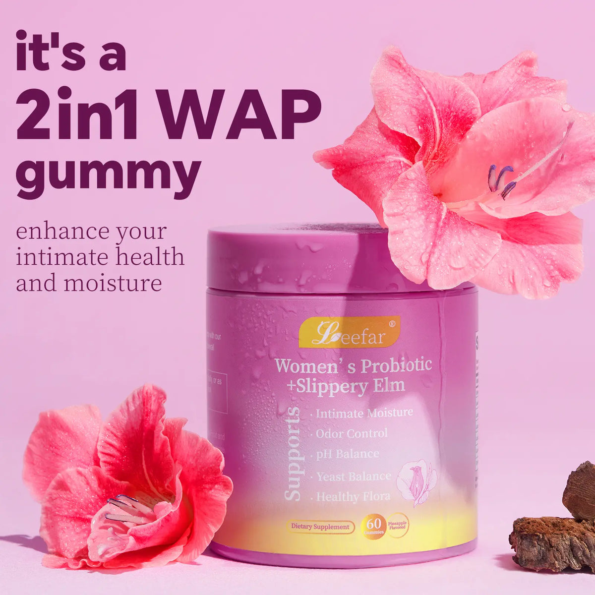 LEEFAR Her Juicy Feminine Probiotics Gummies- All in One Solution with Slippery Elm and Prebiotics&Lactobacillus Probiotic Blend for Women’s pH Balance and Dryness - Hawaiian Pineapple Gummies 60 Count probiotics women