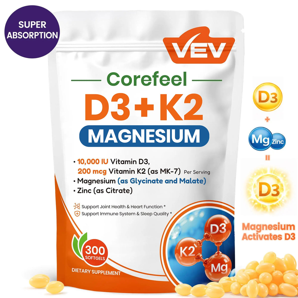 VEV Corefeel Vitamin D3 K2 10000 IU, 300 Virgin Coconut Oil Softgels, 2 in 1 Vitamins Supplement D & K, Dietary Supplemental Pack, Mothersdaygift, Summervibes