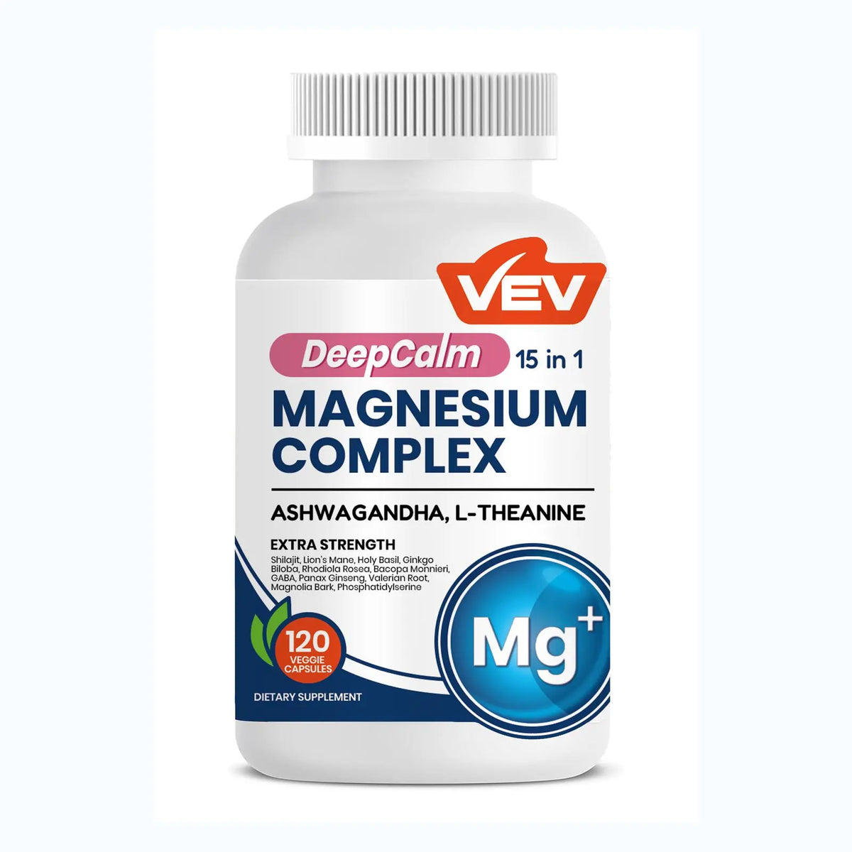 VEV 15 in 1 Magnesium Citrate & Glycinate Complex Capsules, Cortisol Support with Ashwagandha & L-Theanine, Edible Minerals Natural Dietary, 120 Vegan Capsules