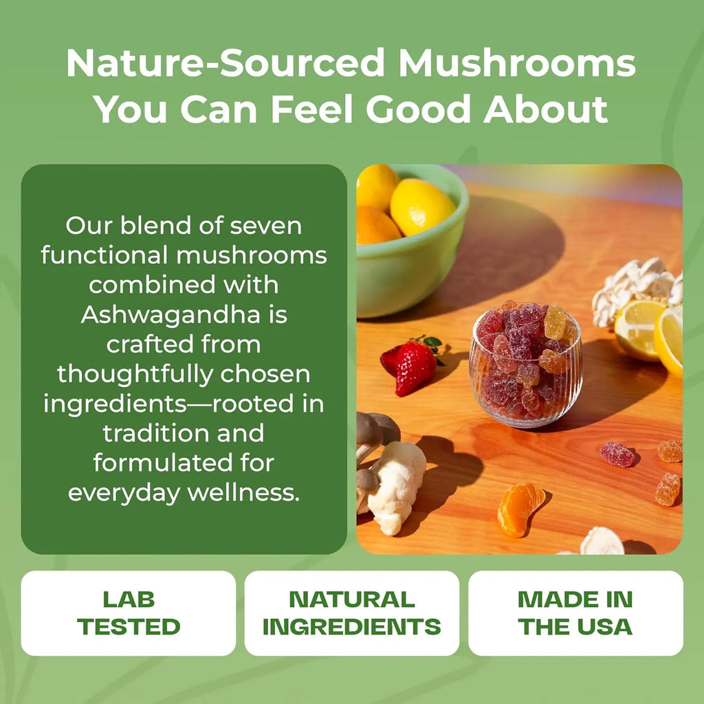 Drops Of Nature Ashwagandha KSM-66, Reishi, Lions Mane, Shiitake, Cordyceps, Turkey Tail, Maitake, Chaga Supplement Gummies - Mixed Fruits, 80 Gummies
