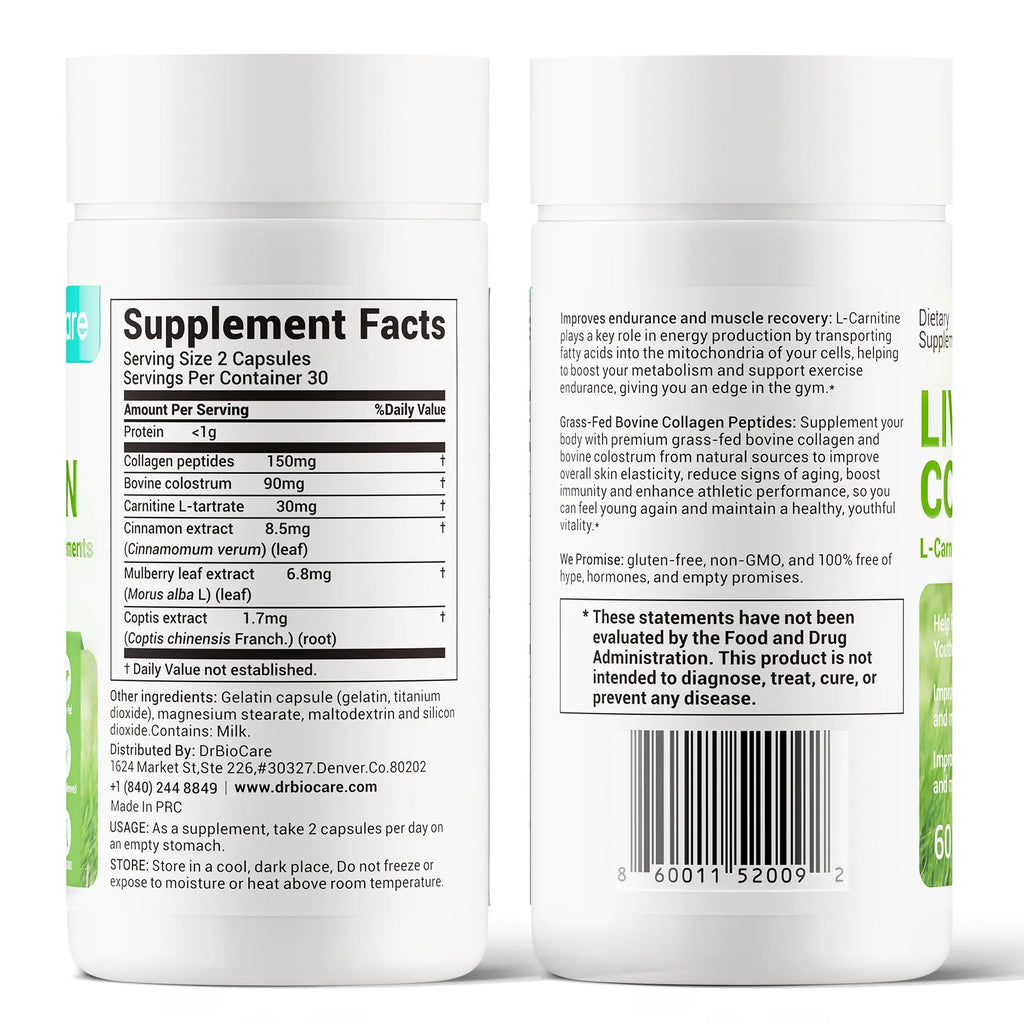 【Come on, man!】DrBioCare Living Collagen L-Carnitine Complex Supplement - 60 Capsules for Skin Vitality & Metabolism Boost