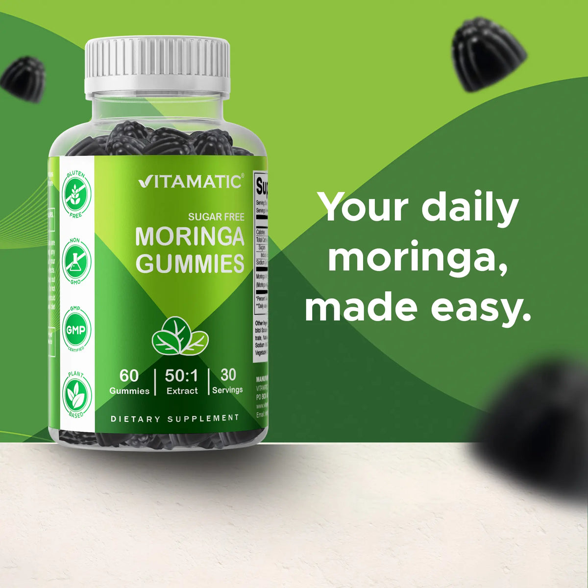 Vitamatic Sugar-Free Moringa Gummies - 60 Pectin-Based Gummies - Essential Minerals Supplement - Clean Fitness - Multicolor Flavors - Non-GMO & Gluten-Free - Natural & Vegan Dietary