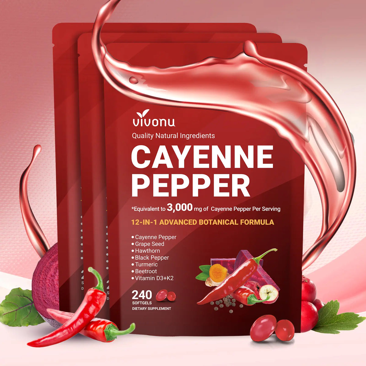 Cayenne Pepper Softgels Supplement, Supports Leg Vein, Heart and Blood Vessel Health, with Vitamin E D3+K2 and Extracts of Grape Seed, Hawthorn, Beetroot and Others (240 Softge /1 Bag)