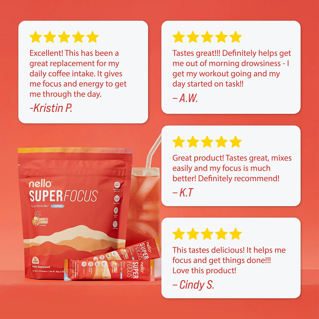 Nello Superfocus – Nootropic Drink Mix with Lion’s Mane, Rhodiola & Alpha-GPC – Supports Memory, Brain Health & Mental Stamina, Enhances Clarity & Sharpness, Helps Fight Brain Fog – Travel Packets (20 Servings) Healthcare Convenient