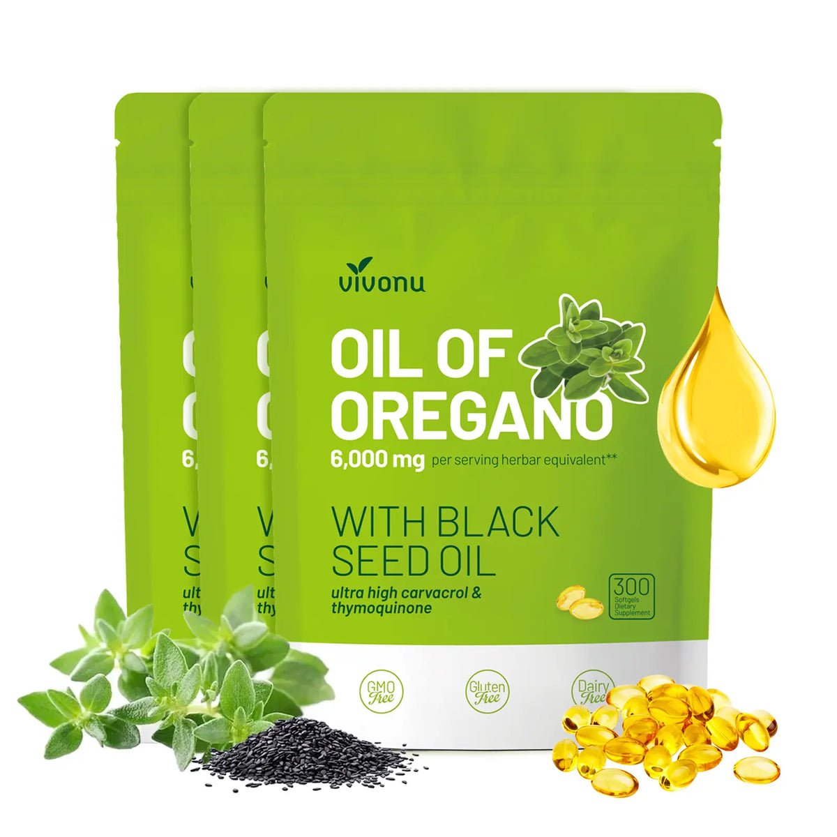 VivoNu Organic Oregano Oil Capsules with Black Seed – 6000mg per Serving, 300 Softgels – Herbal Support for Wellness, Non-GMO, Gluten-Free