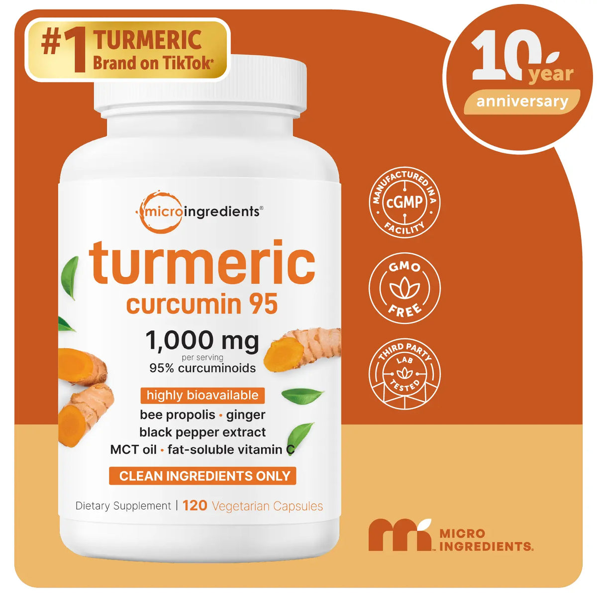Micro Ingredients Turmeric Curcumin 1,000mg | 95%25 Curcuminoids with Black Pepper & MCT Oil for Ultimate Absorption, No Filler, No GMO - 120 Vegetarian Capsules