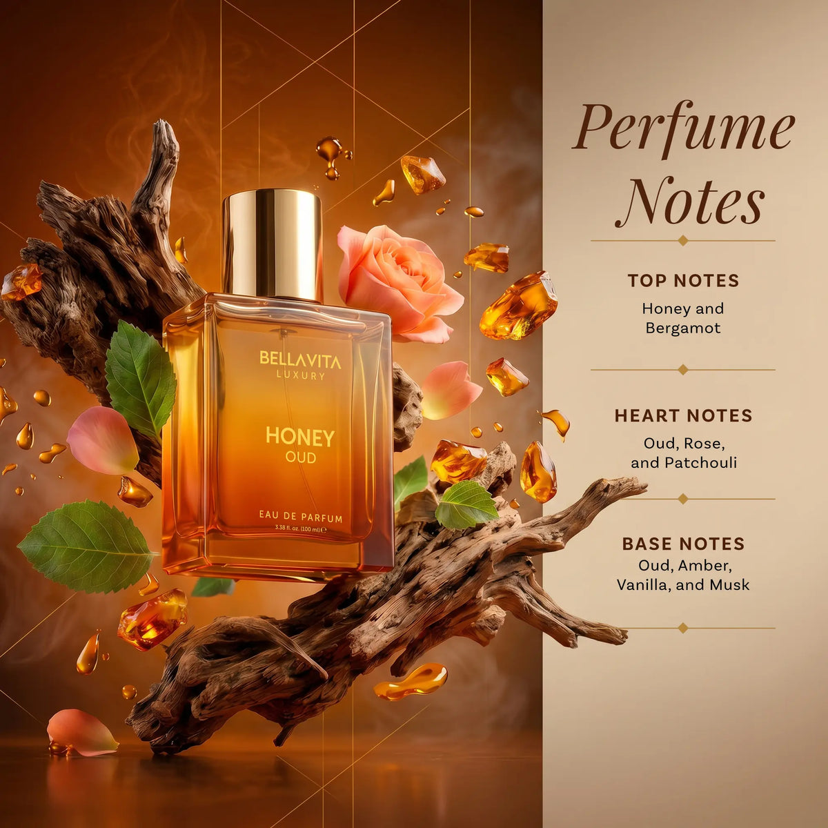 Bella Vita Luxury's Honey Oud | Eau de Parfum 100ml (3.4 fl oz) | Patchouli, Vanilla, Bergamot | Floral & Spicy | Made with Clean & Vegan Essentials Oils | Cruelty Free Fragrance Perfume