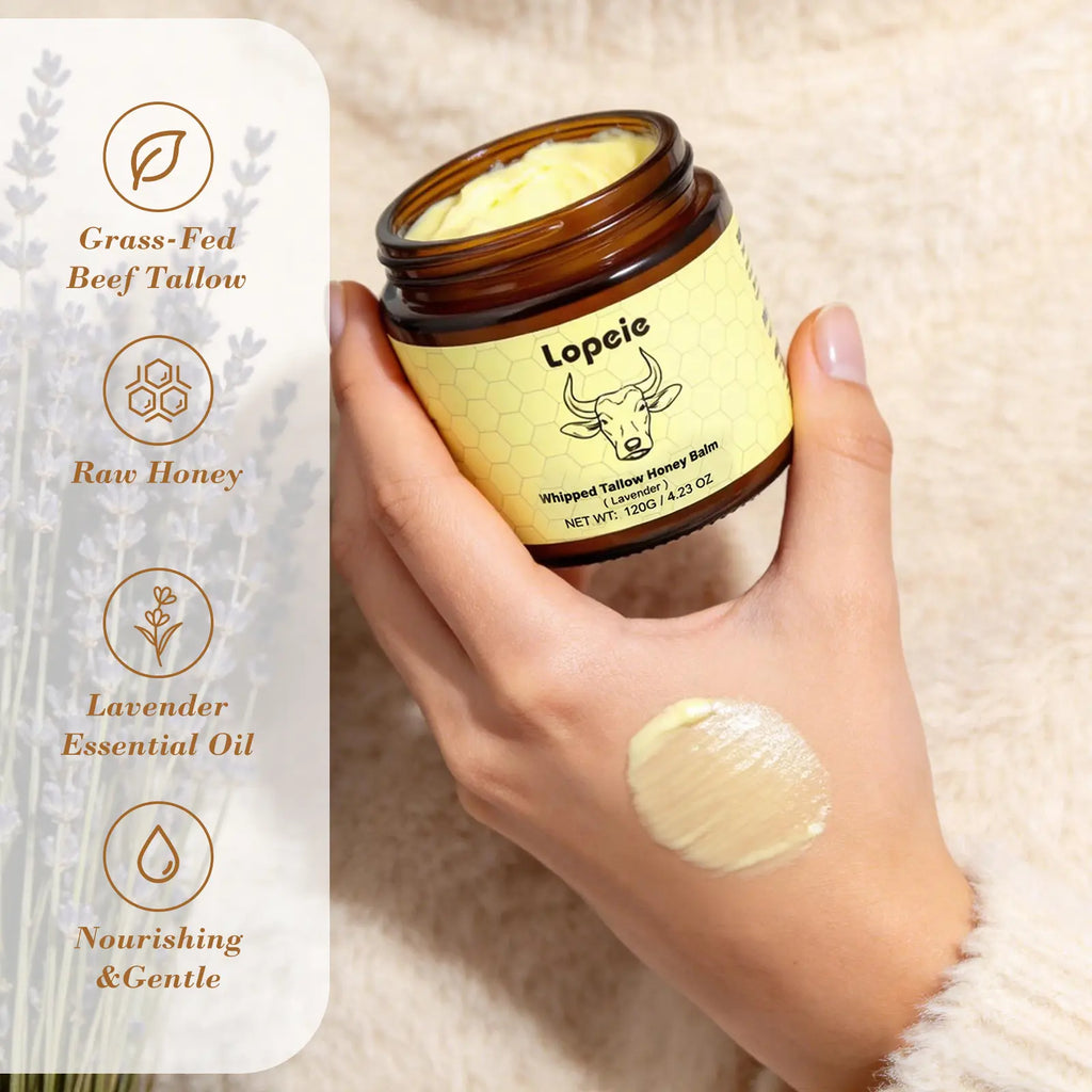 Lopeie Whipped Grass-Fed Beef Tallow Honey Balm – Lavender Scent, Deep Moisturizer for Face, Hands & Body, 4 Oz