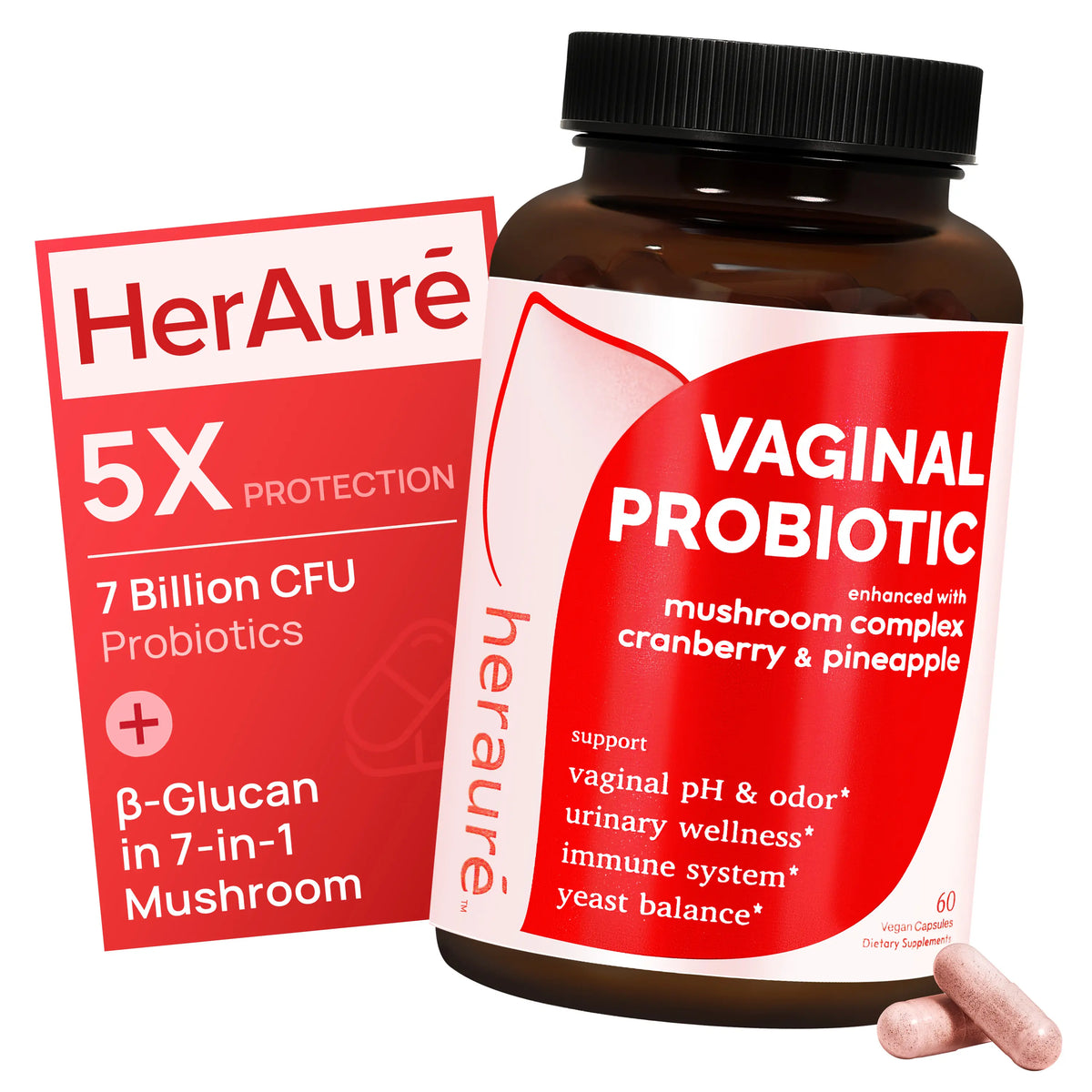 HerAuré Women’s Probiotics - pH Balance, Odor Control, Flora Health, Moistening, Tightening - With 7 Billion CFU Probiotic, Prebiotic, 7-in-1 Mushroom Blend, Cranberry, Pineapple - 60 Capsules (Pack of 1), Self-Care Gift,mothersdaygift