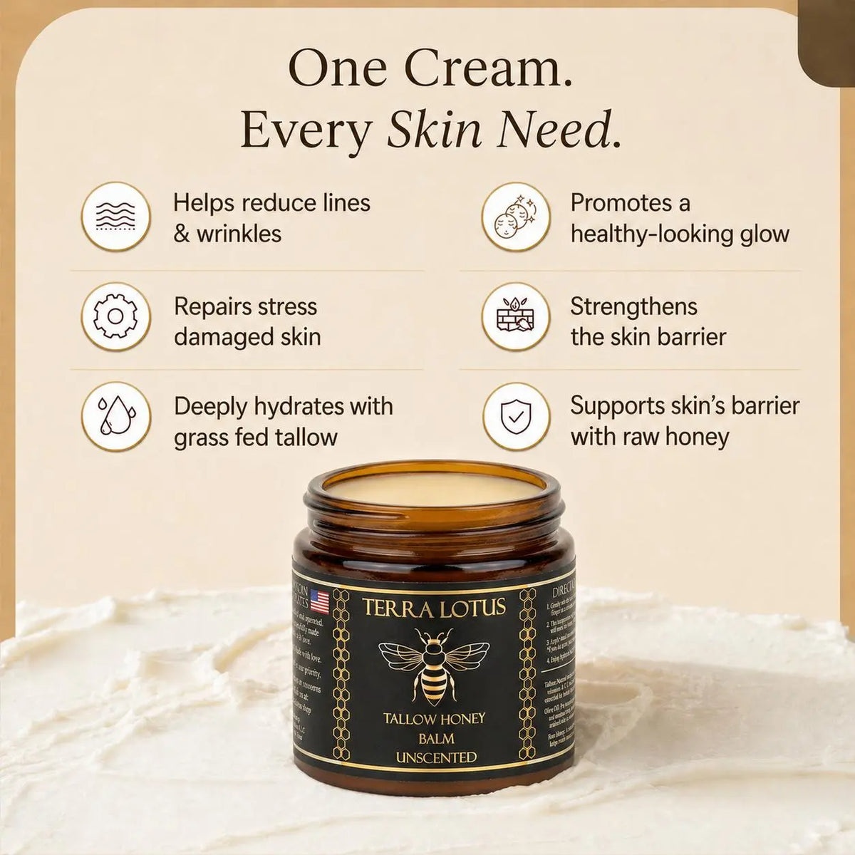 Organic Grass-Fed Beef Tallow Balm with Raw Honey - Handmade All-Natural Moisturizer for Soft, Smooth, Radiant Skin