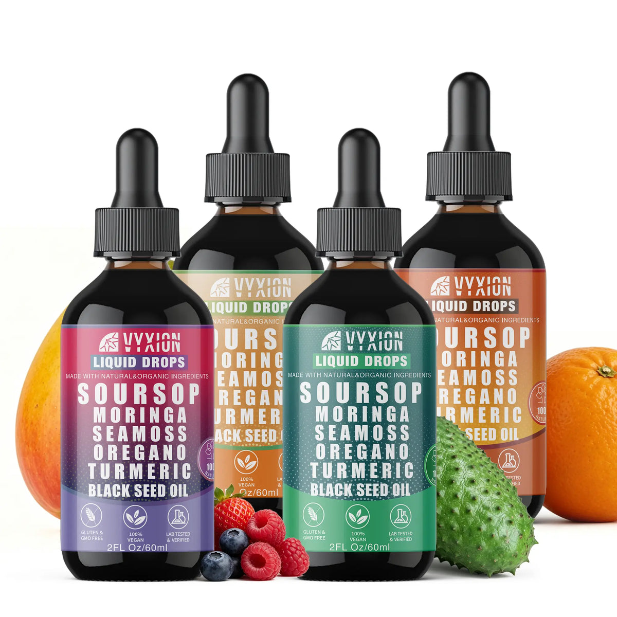 VYXION Pure Soursop 10 in 1 Liquid Drops Extract - Seamoss,Moringa,Black Seed Oil,Turmeric,Oregano Liquid Drops for Immune System and Gut Health Support