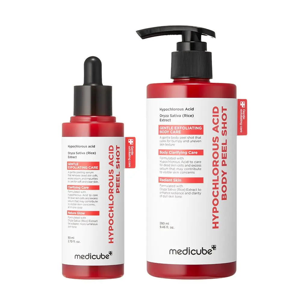 [medicube] Hypochlorous Acid Rice Peel Shot Duo For Face & Body | Gentle Exfoliating Serum for Dead Skin Cells & Pore Care, Blackheads & Excess Sebum Control | Rice Extract, Hypochlorous, Panthenol for Hydrating & Smoothing Care