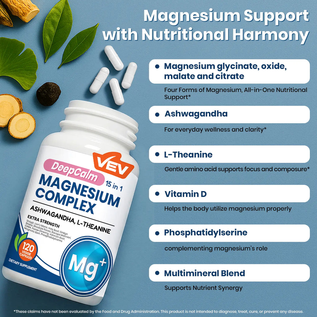 VEV 15 in 1 Magnesium Citrate & Glycinate Complex Capsules, Cortisol Support with Ashwagandha & L-Theanine, Edible Minerals Natural Dietary, 120 Vegan Capsules