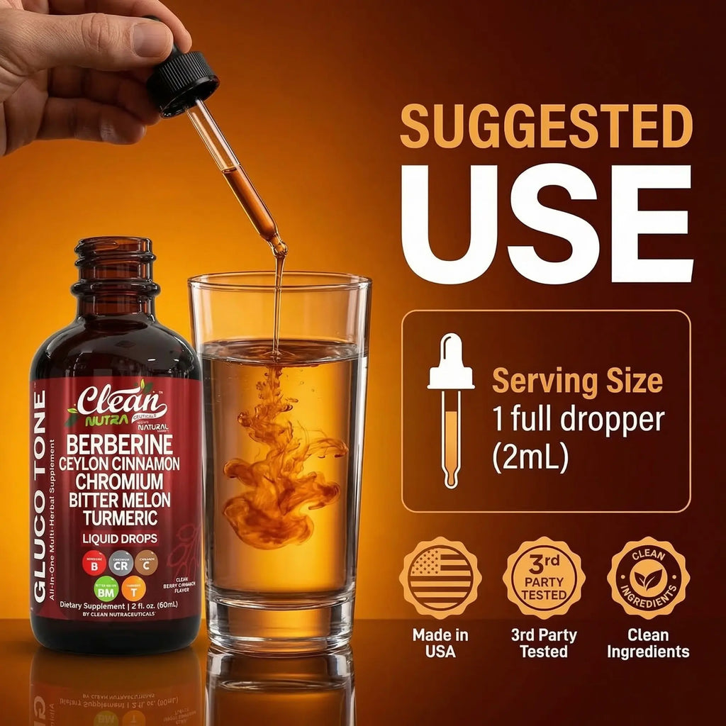 Clean Nutra Berberine, Ceylon Cinnamon, Chromium, Bitter Melon, Turmeric, Glucomannan, Gymnema & More for Natural Wellness Liquid Drop – Gluco Tone