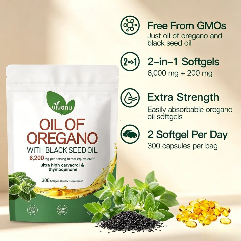 VivoNu Oil of Oregano & Black Seed Oil – Organic Softgels, Carvacrol,Non-GMO